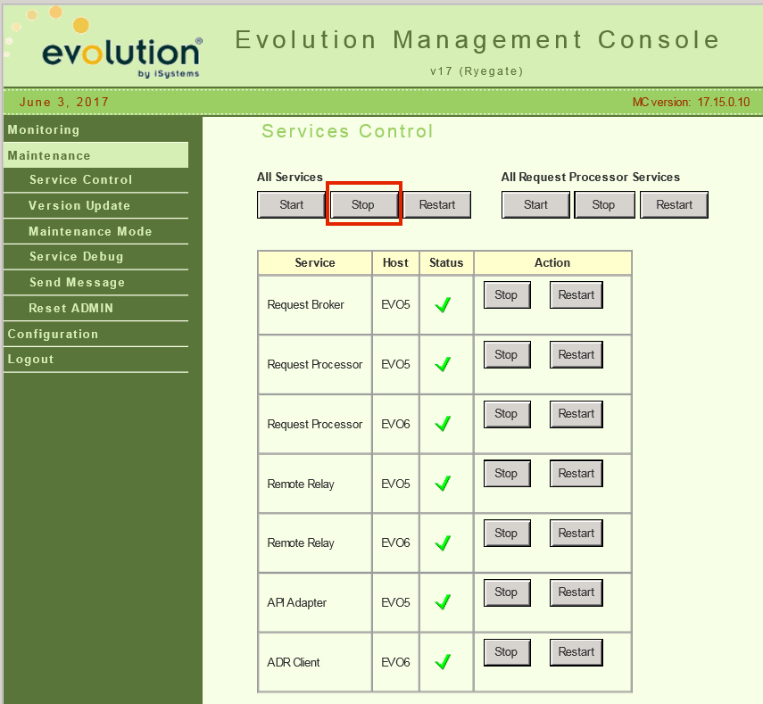 Stopping all services in the Evo MC